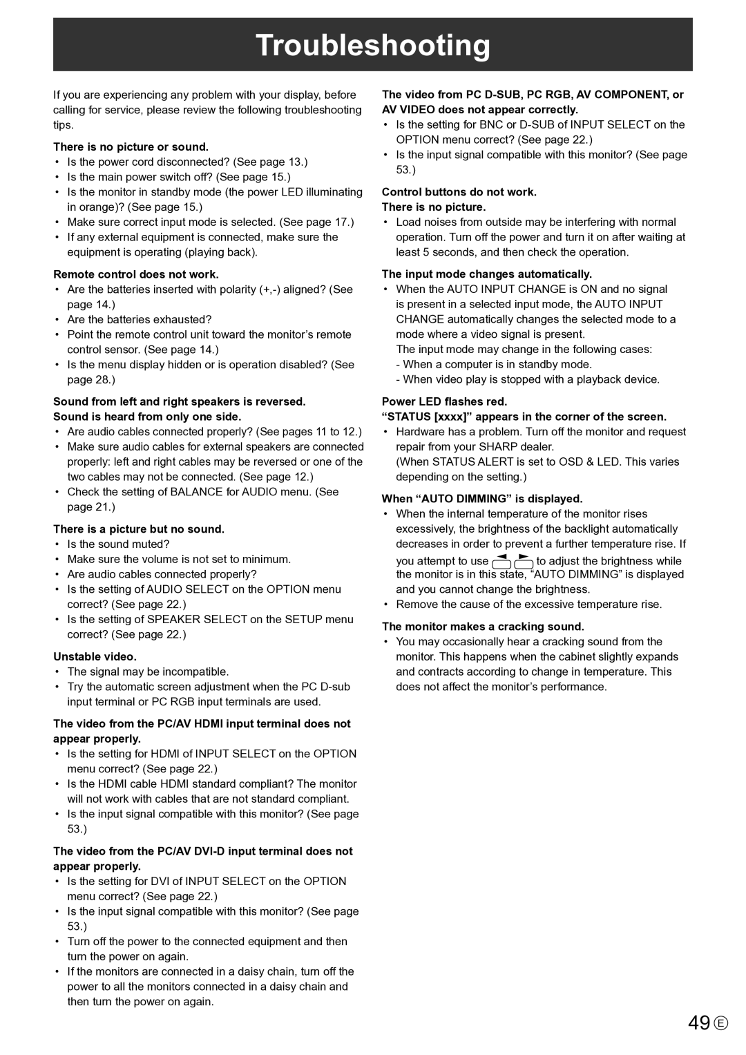 Sharp PNE802, PN-E802 operation manual Troubleshooting, 49 E 