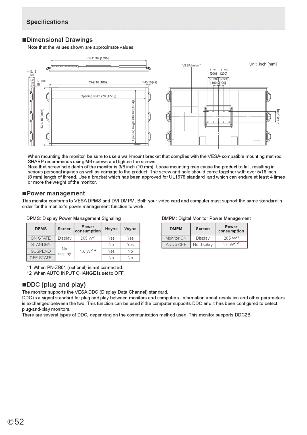 Sharp PN-E802, PNE802 operation manual Specifications NDimensional Drawings, NPower management, NDDC plug and play 