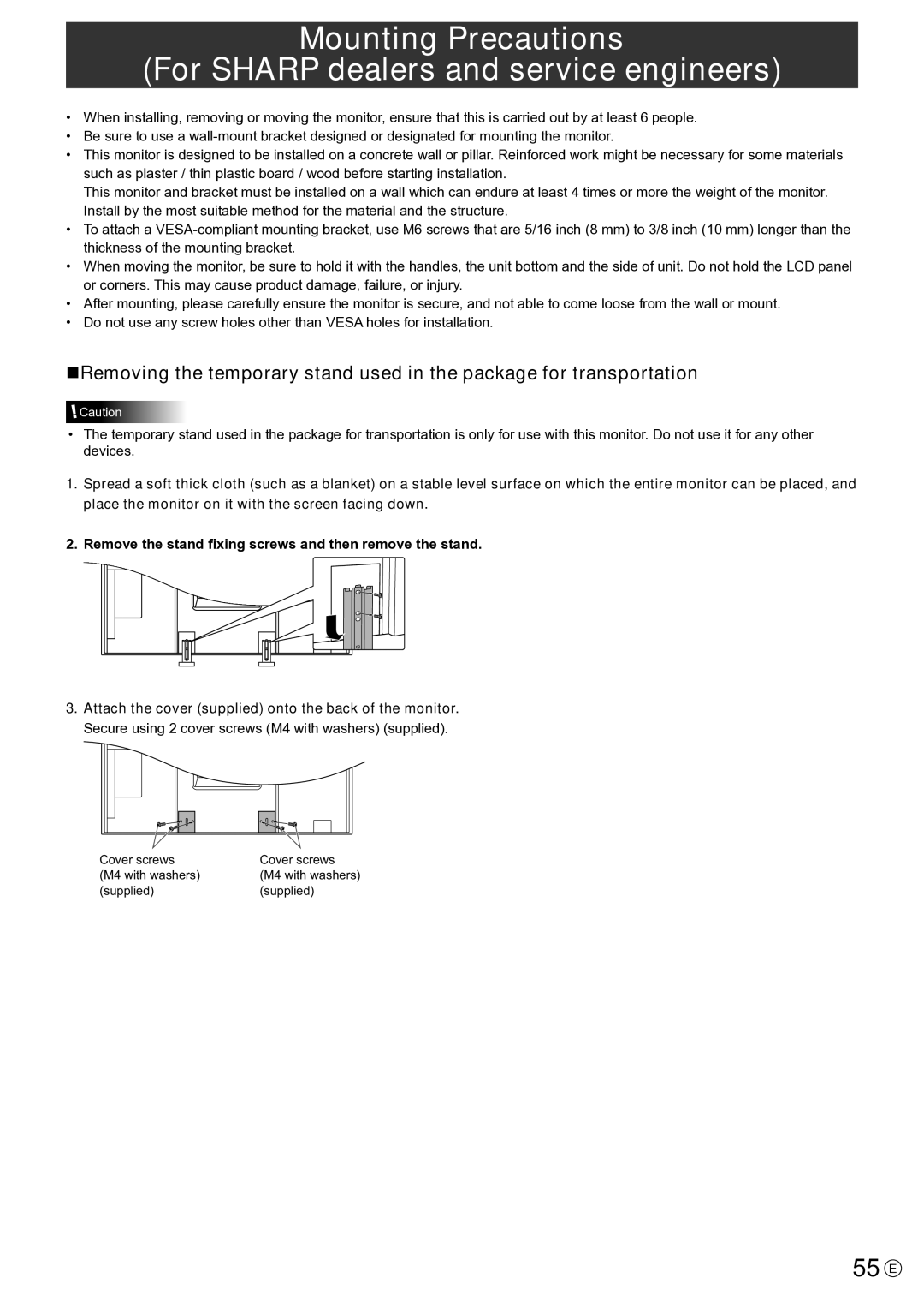 Sharp PNE802, PN-E802 operation manual 55 E, Secure using 2 cover screws M4 with washers supplied 