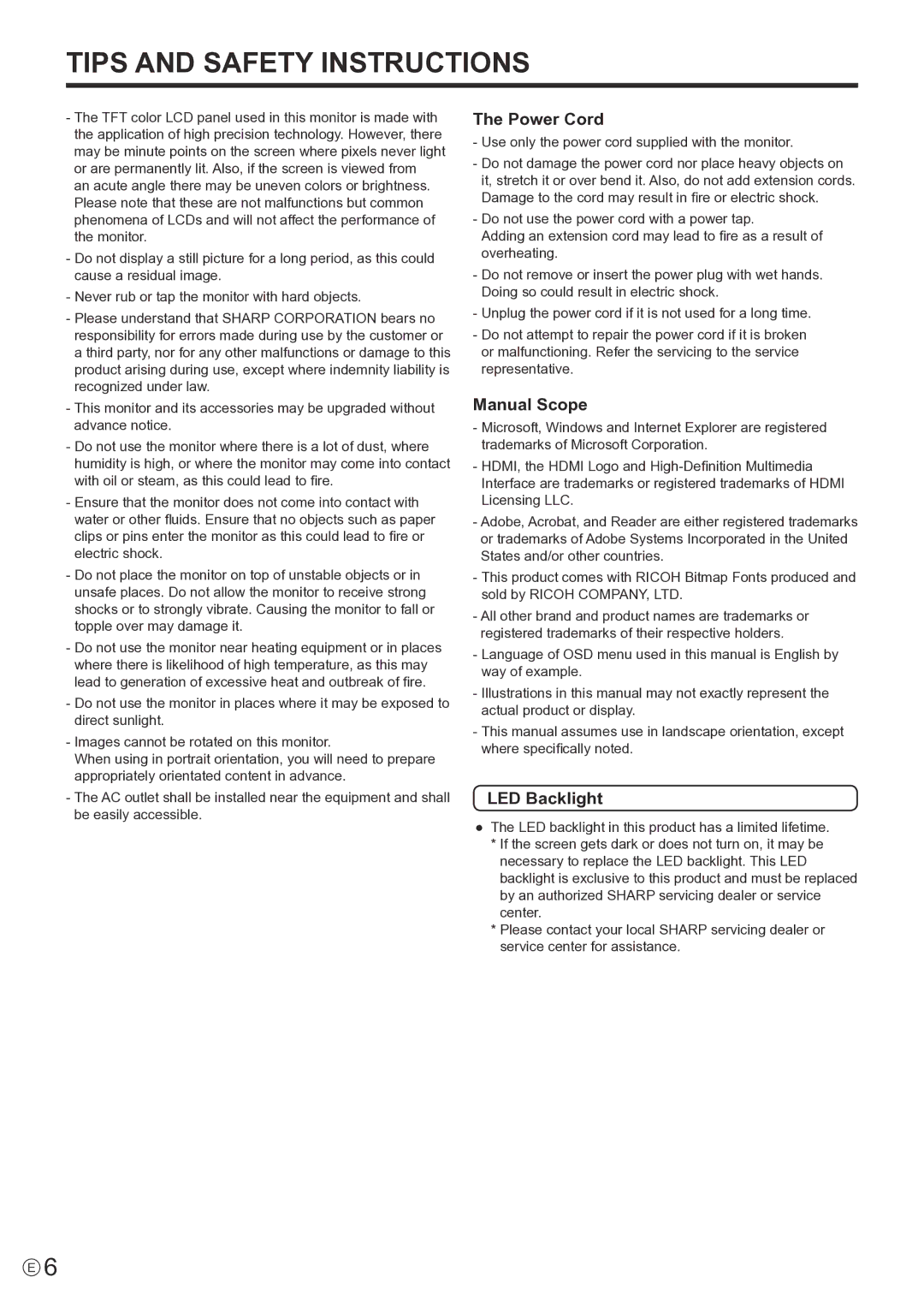 Sharp PN-E802, PNE802 operation manual Tips and Safety Instructions 