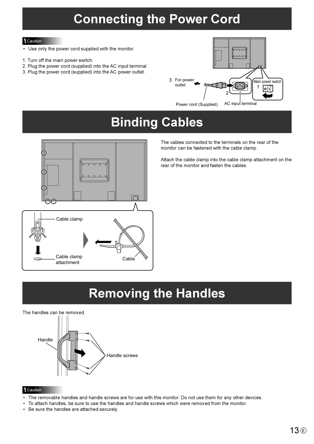 Sharp PNE802, PN-E802 operation manual Connecting the Power Cord, Binding Cables, Removing the Handles, 13 E 