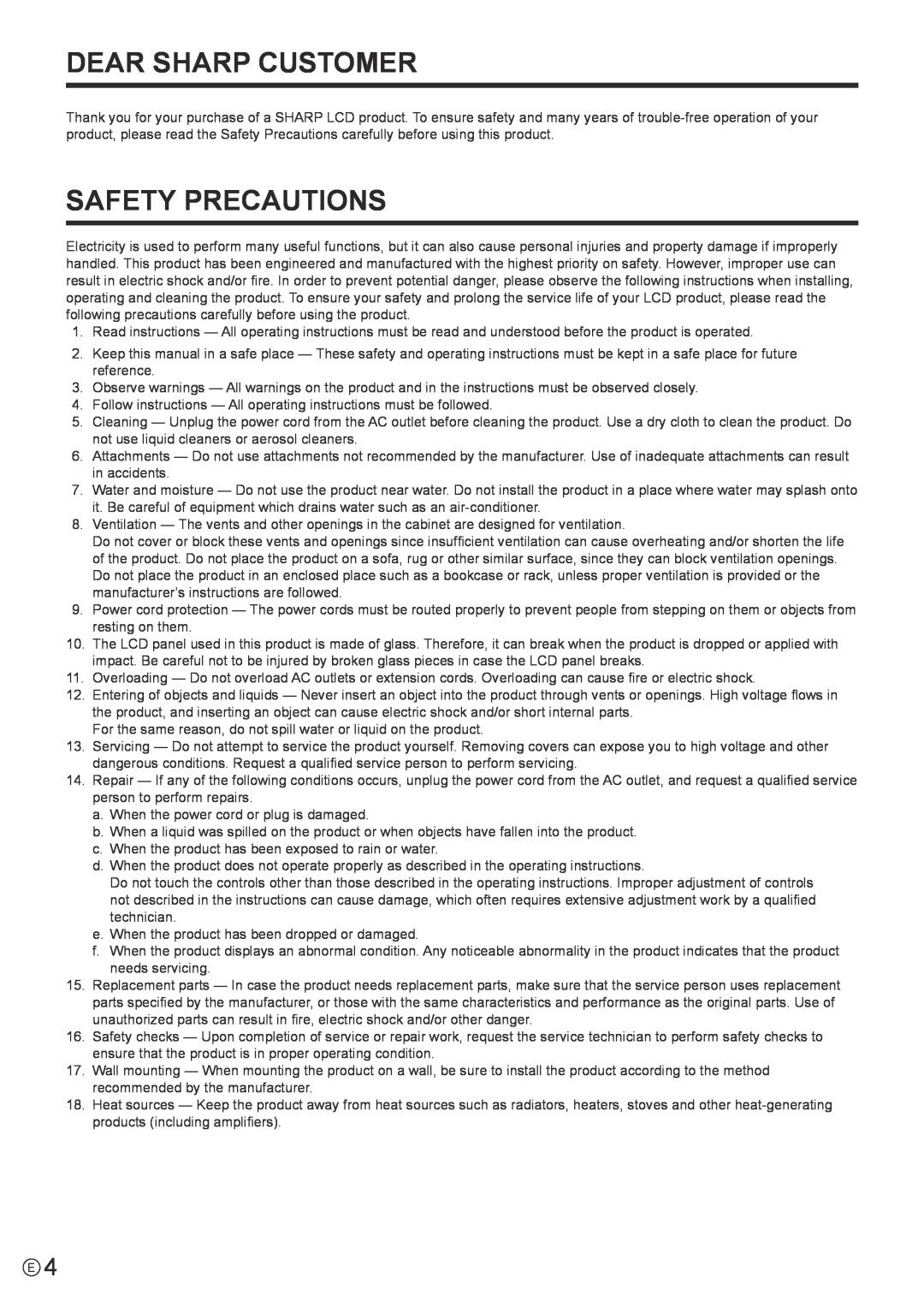 Sharp PN-E802, PNE802 operation manual Dear Sharp Customer, Safety Precautions 