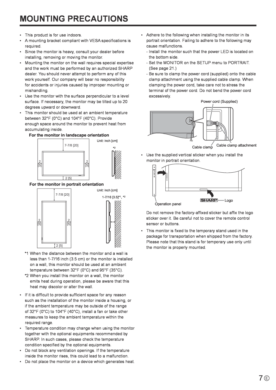 Sharp PNE802, PN-E802 operation manual Mounting Precautions 