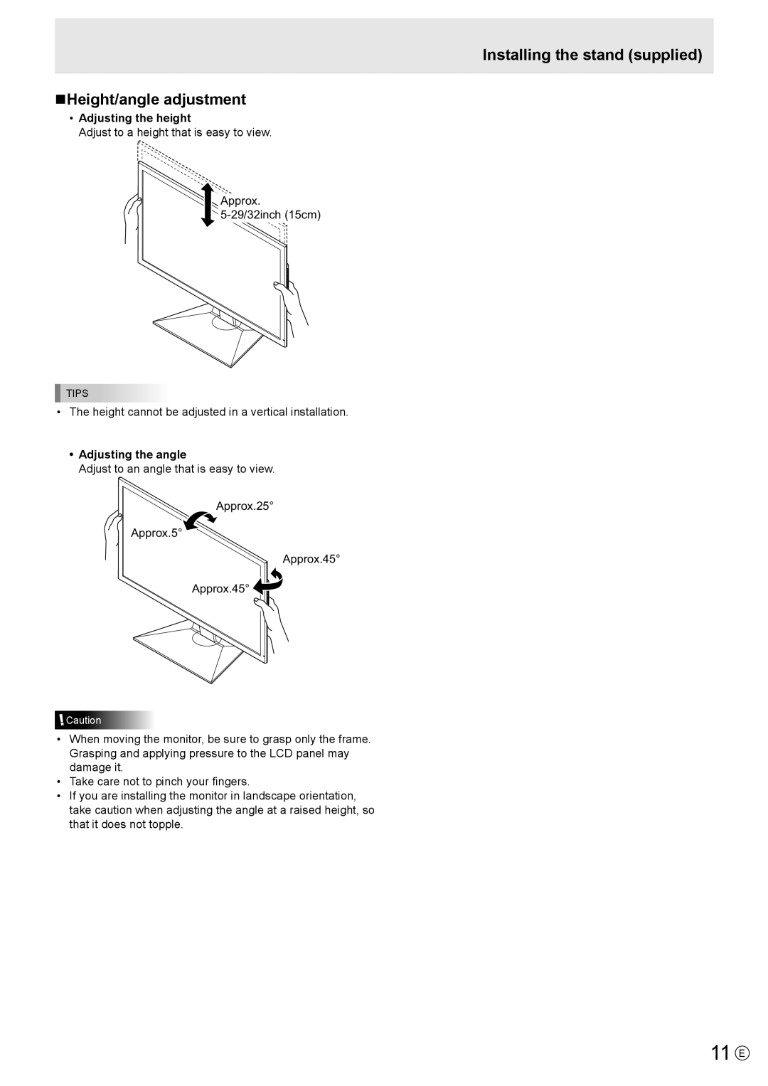 Sharp PN-K321 11 E, Installing the stand supplied NHeight/angle adjustment, Adjusting the height, Adjusting the angle 