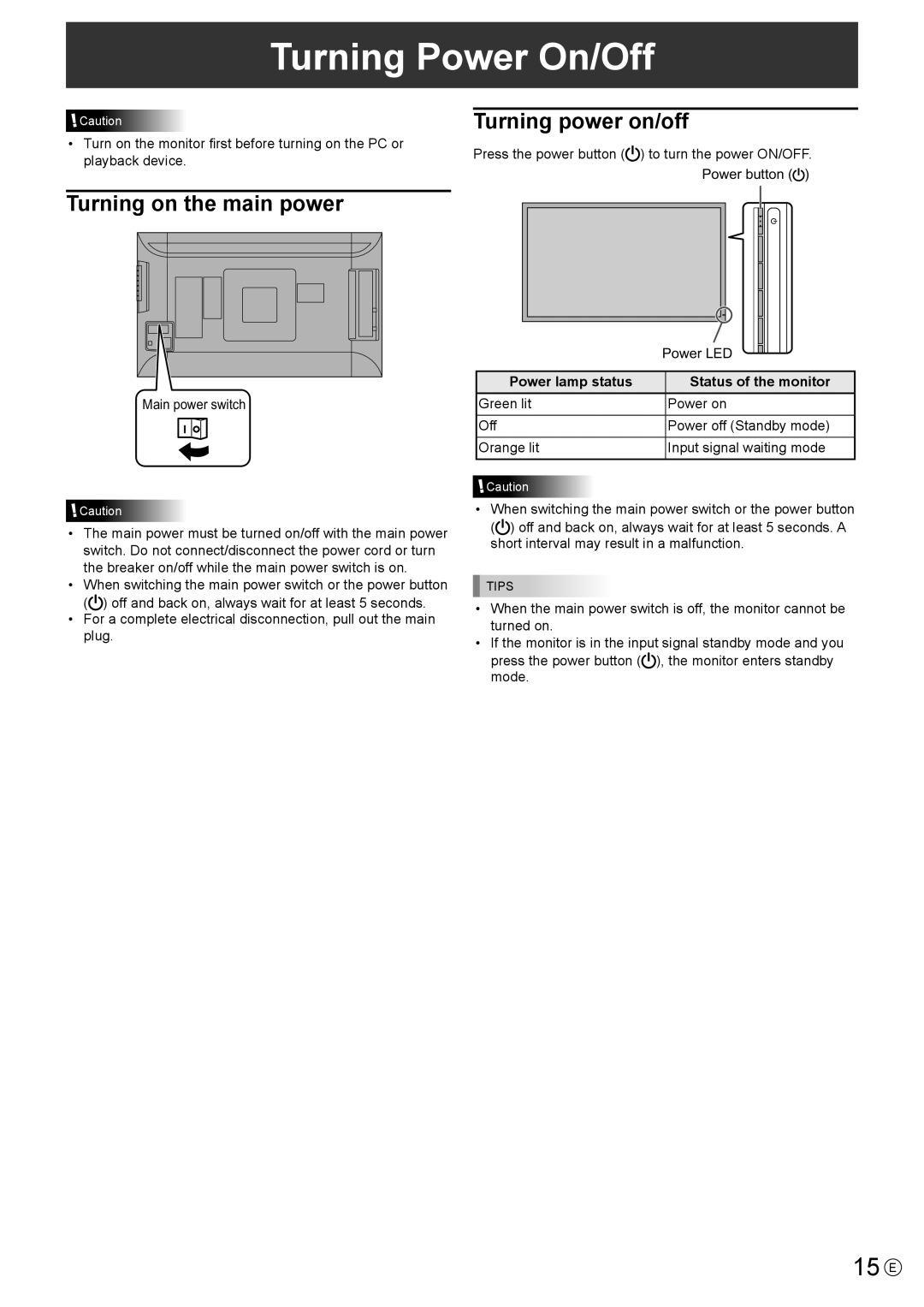 Sharp PN-K321 operation manual Turning Power On/Off, 15 E, Power lamp status Status of the monitor 