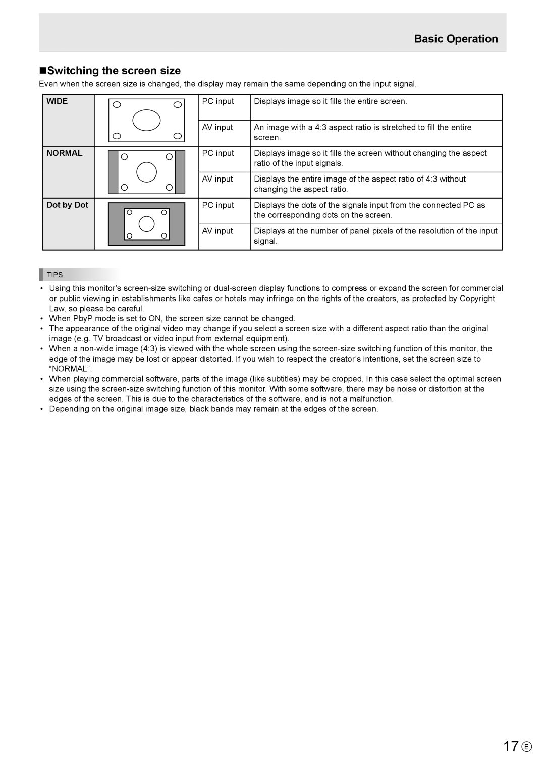 Sharp PN-K321 operation manual 17 E, Basic Operation NSwitching the screen size, Wide Normal, Dot by Dot 