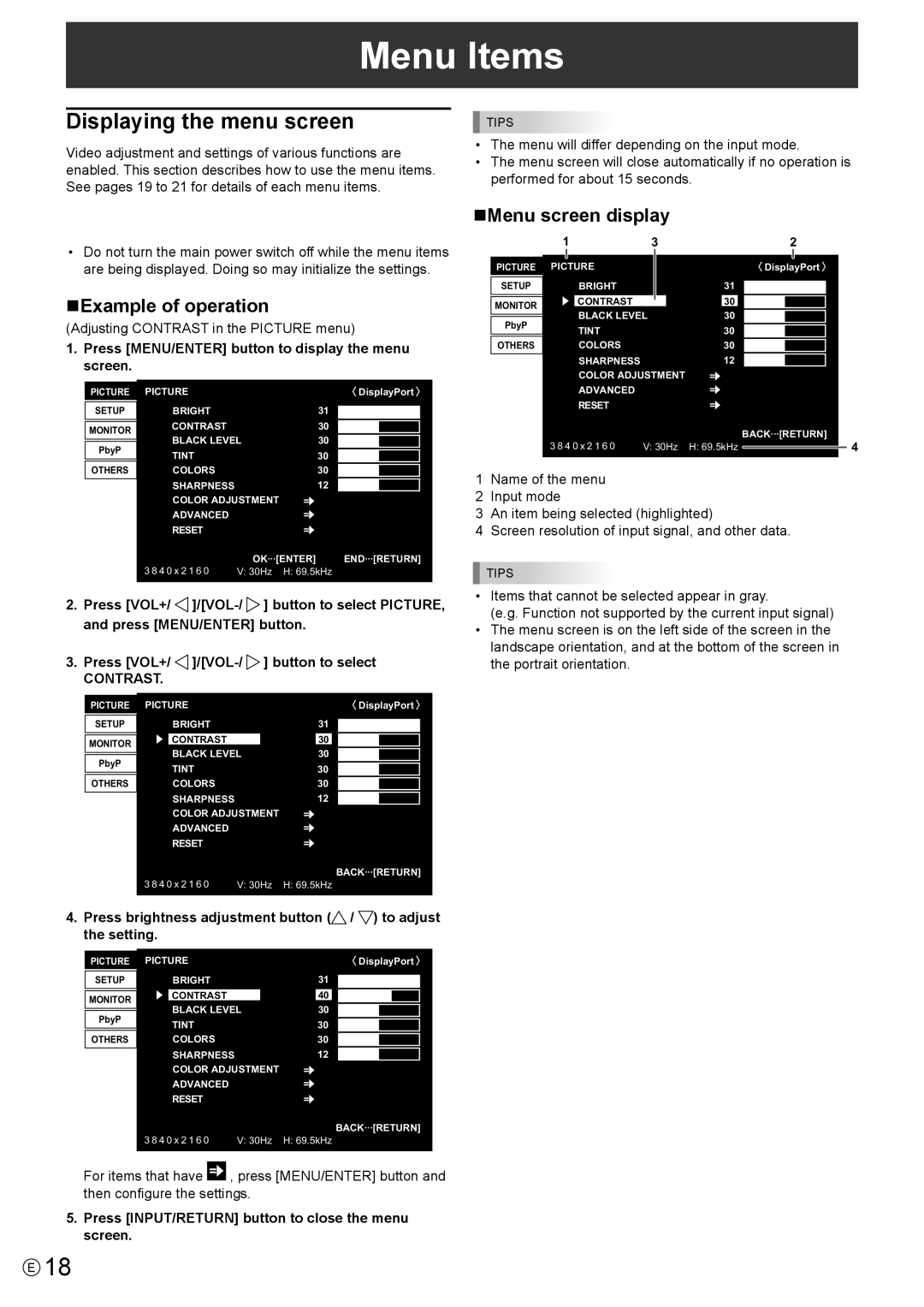 Sharp PN-K321 operation manual Menu Items, NExample of operation, NMenu screen display, Contrast 