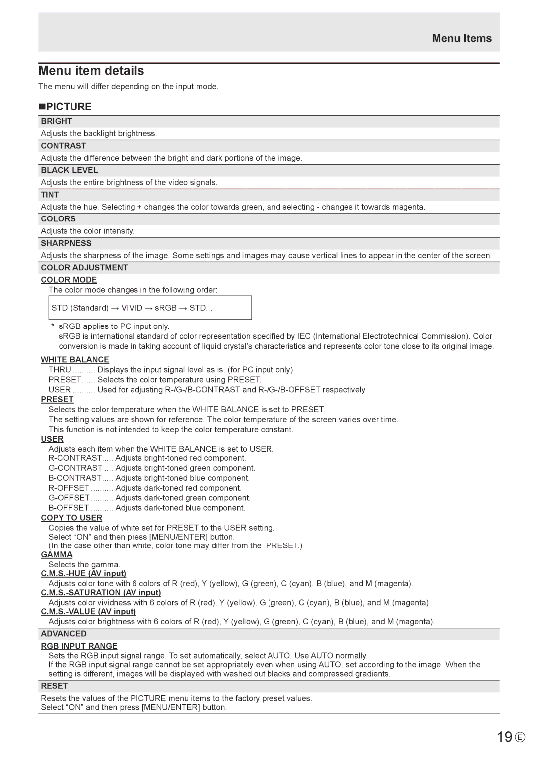 Sharp PN-K321 operation manual 19 E, Menu Items, Npicture 