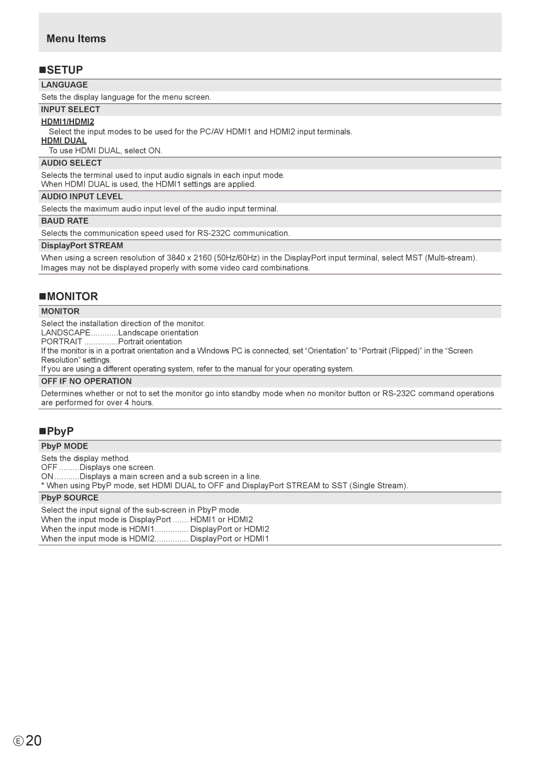 Sharp PN-K321 operation manual Menu Items NSETUP, Nmonitor, NPbyP 