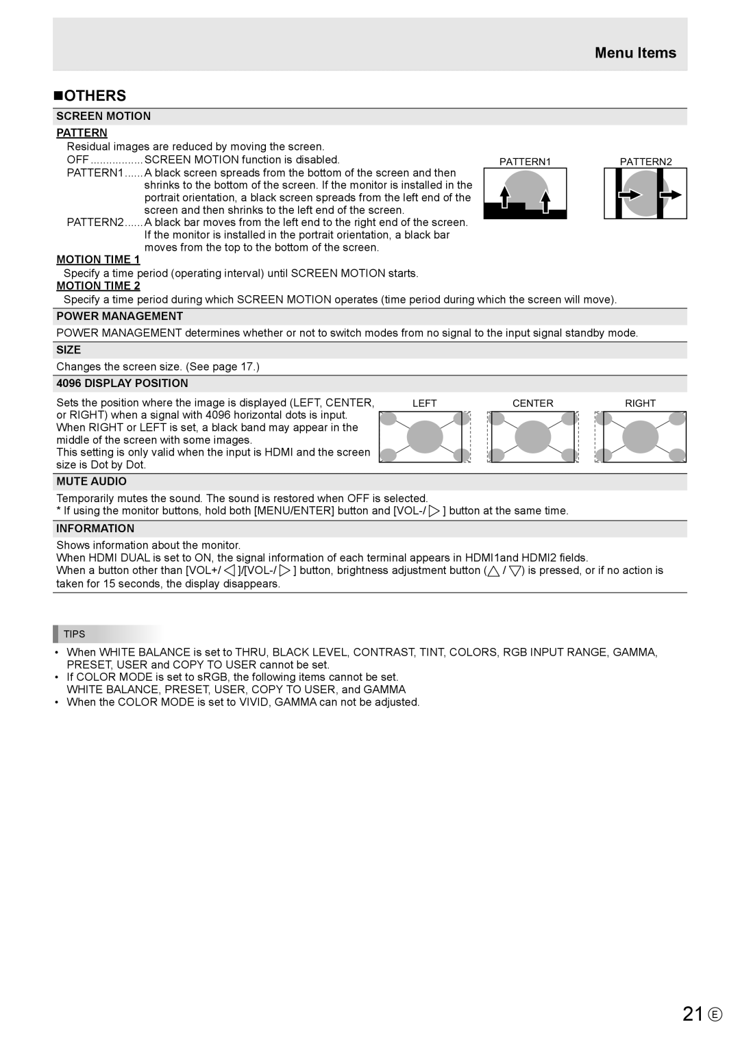 Sharp PN-K321 operation manual 21 E, Menu Items NOTHERS 