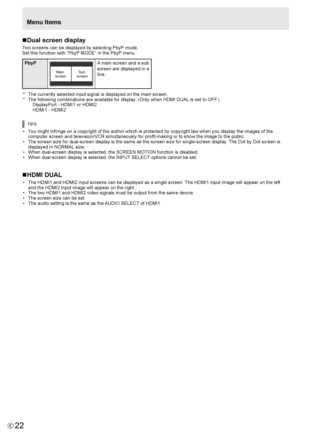 Sharp PN-K321 operation manual Menu Items NDual screen display, NHDMI Dual, PbyP, HDMI1 HDMI2 