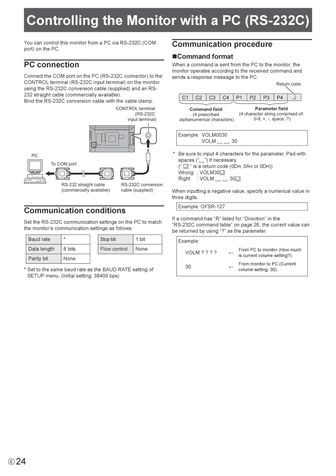 Sharp PN-K321 operation manual Controlling the Monitor with a PC RS-232C, NCommand format, Volm 