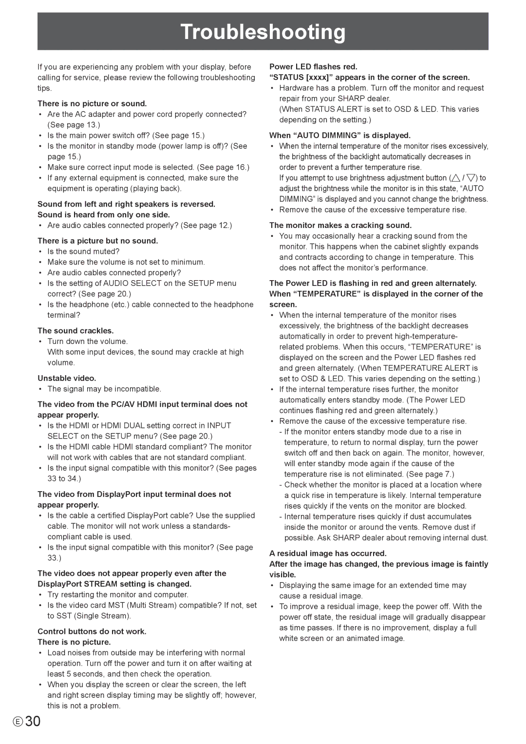 Sharp PN-K321 operation manual Troubleshooting 