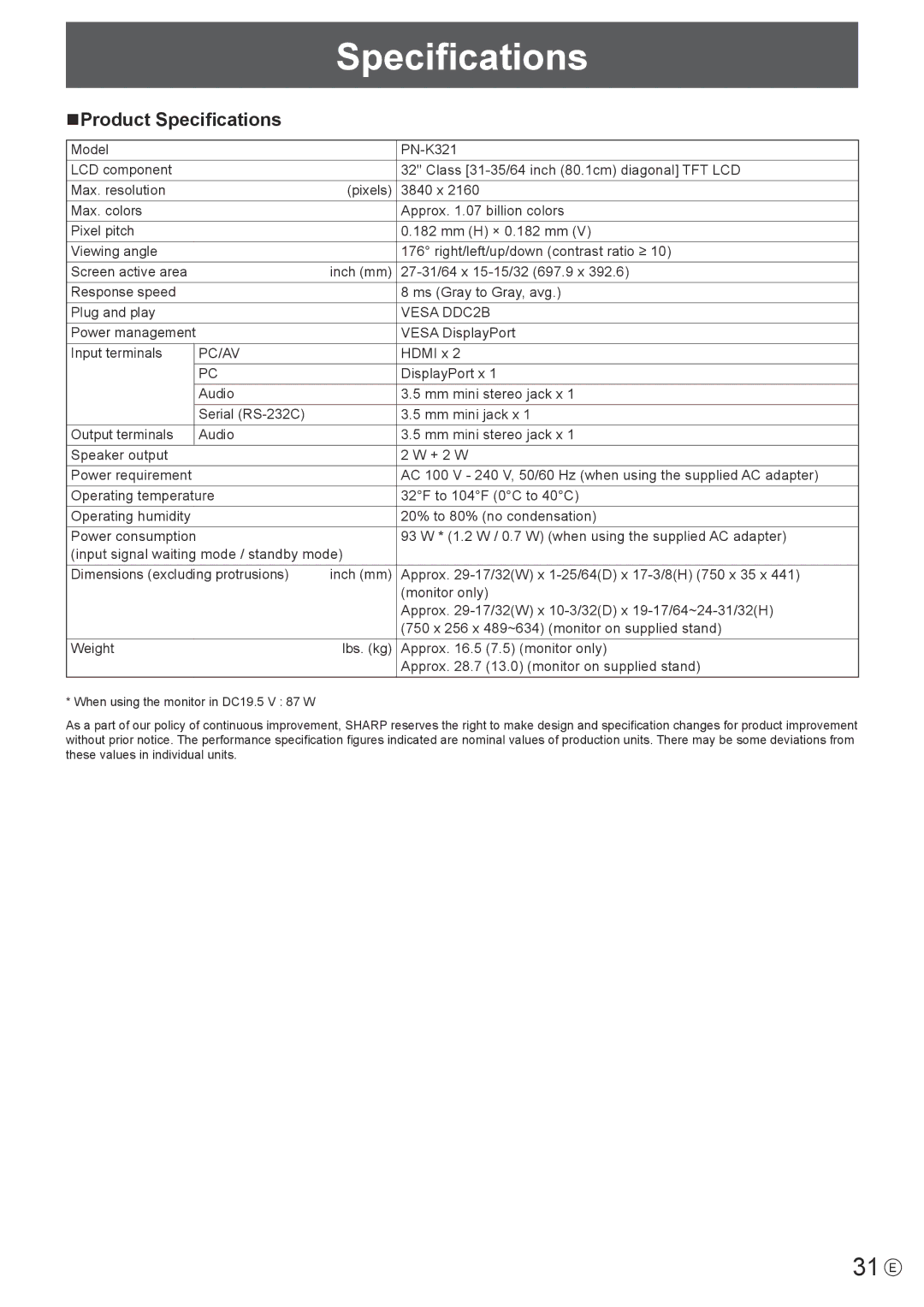 Sharp PN-K321 operation manual 31 E, NProduct Specifications, Vesa DDC2B, Pc/Av 