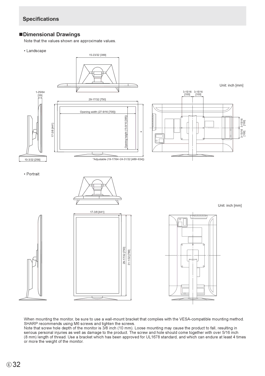 Sharp PN-K321 operation manual Specifications NDimensional Drawings, Unit inch mm 