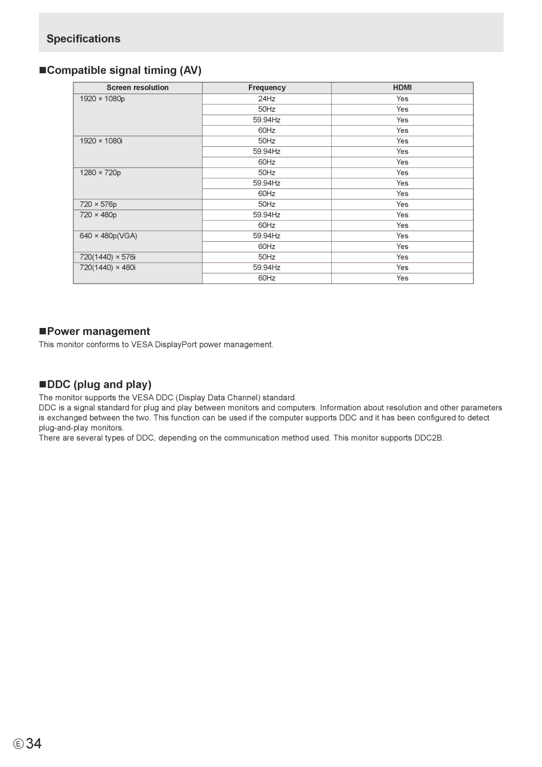 Sharp PN-K321 operation manual Specifications NCompatible signal timing AV, NPower management, NDDC plug and play 