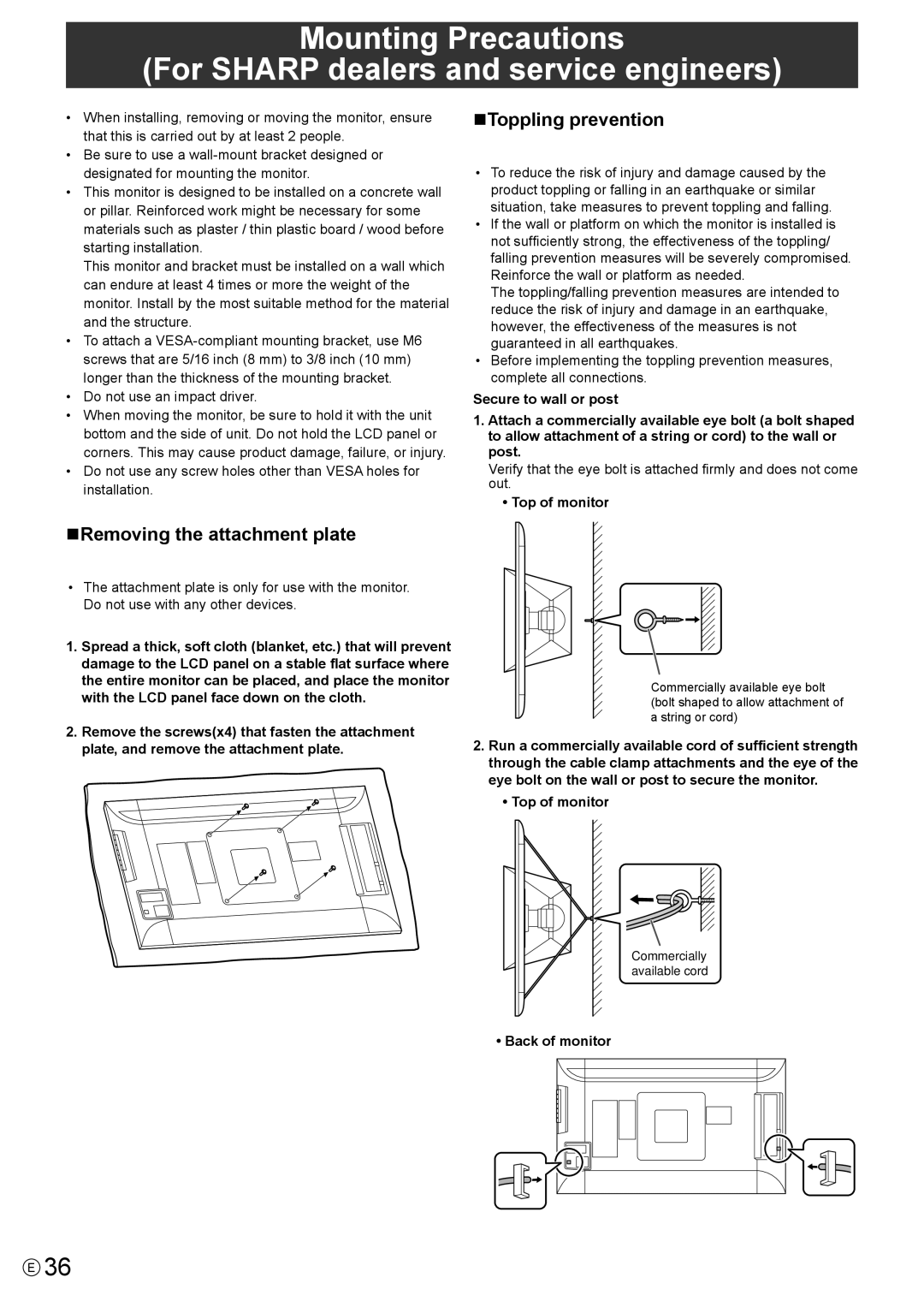 Sharp PN-K321 operation manual NToppling prevention, NRemoving the attachment plate, Top of monitor, Back of monitor 