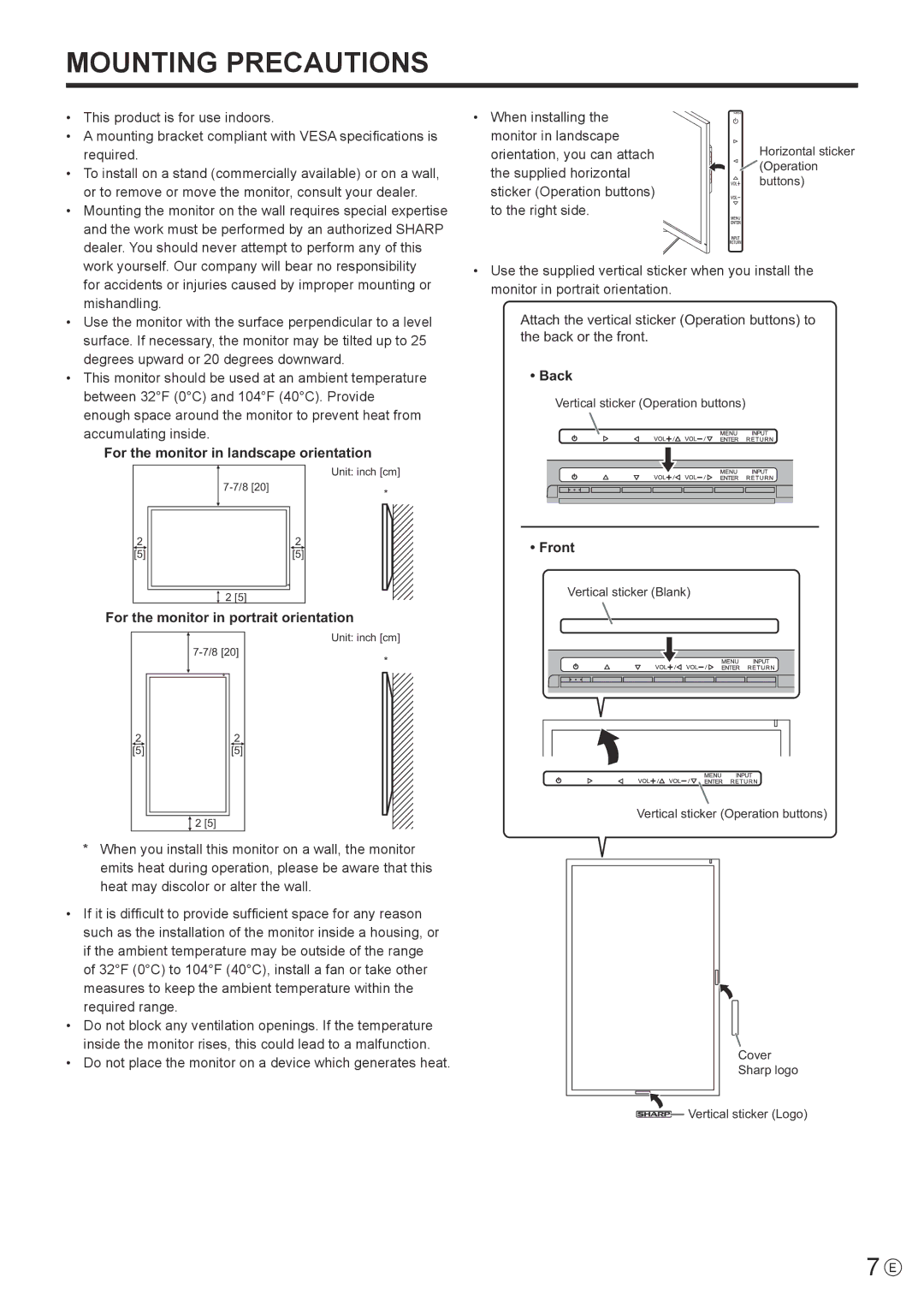 Sharp PN-K321 For the monitor in landscape orientation, For the monitor in portrait orientation, Back, Front 