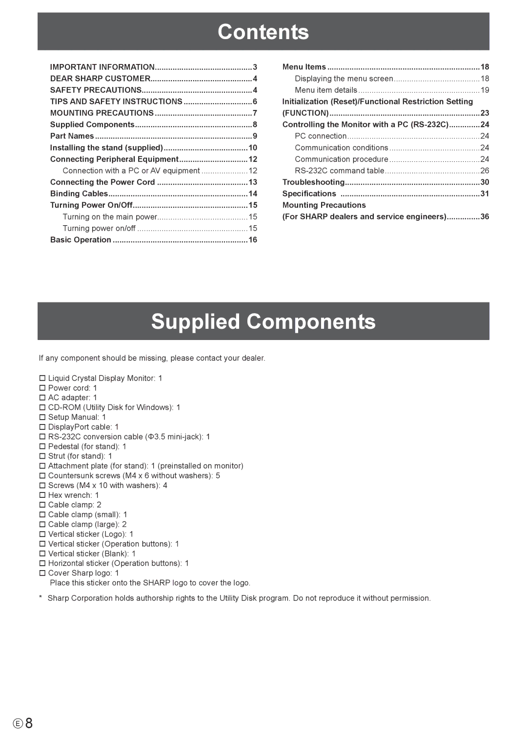 Sharp PN-K321 operation manual Contents, Supplied Components 