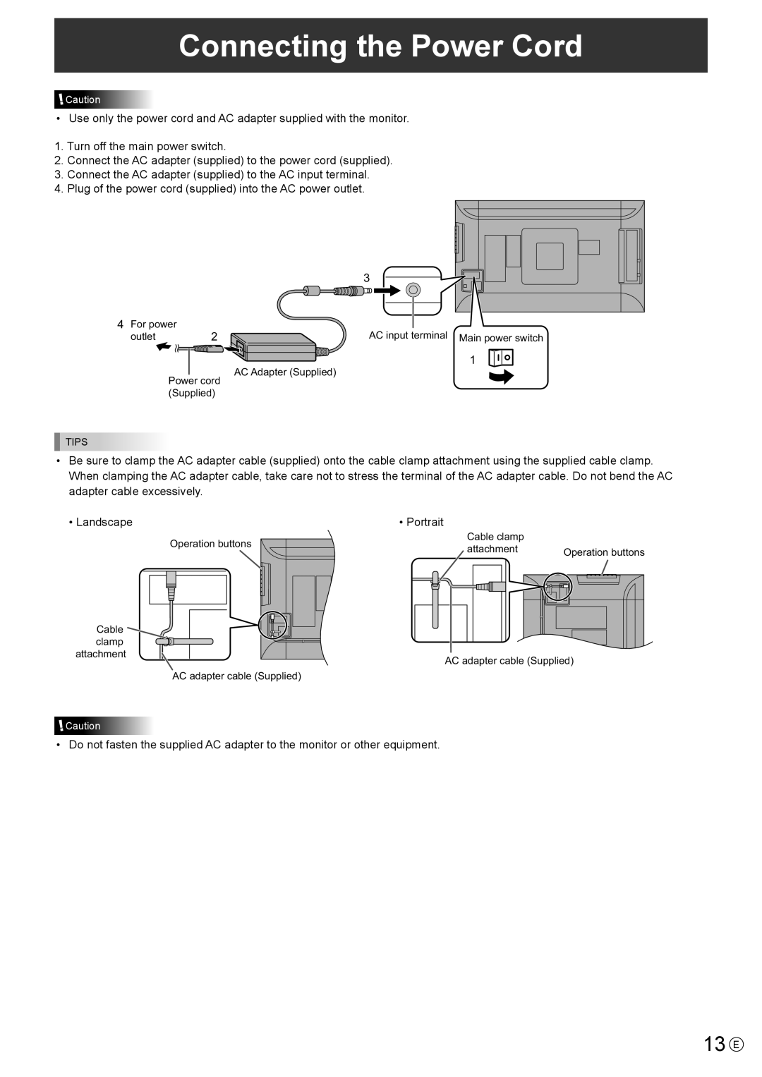 Sharp PN-K321 operation manual Connecting the Power Cord, 13 E 