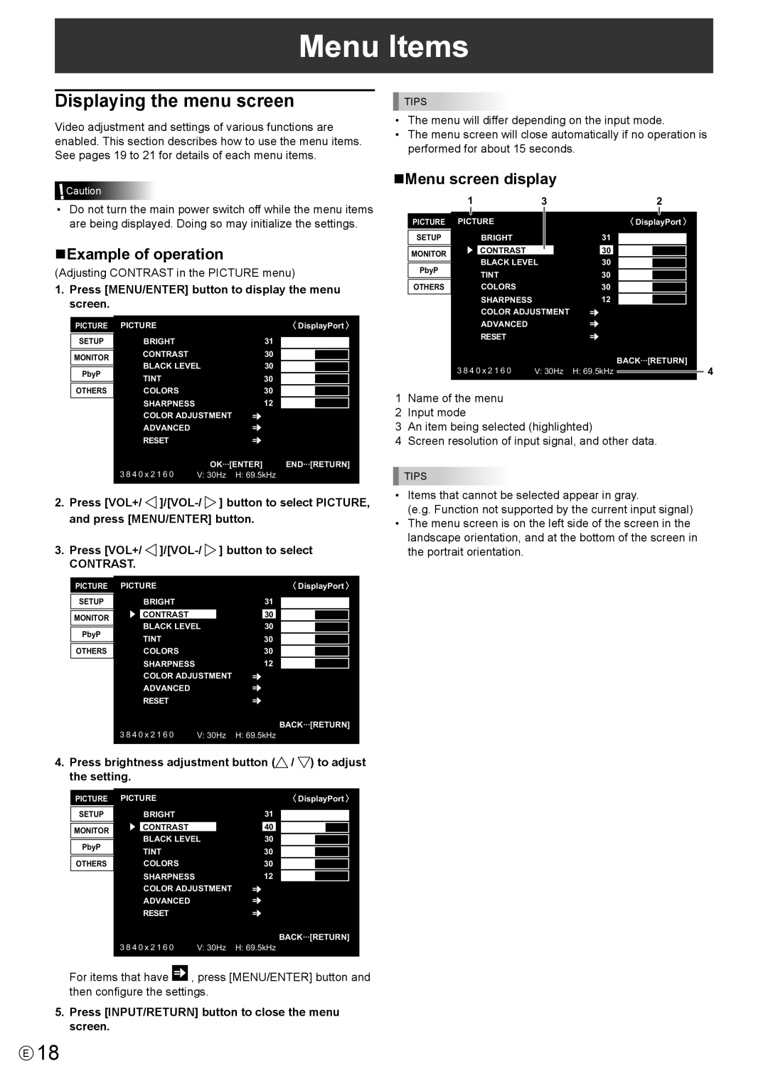 Sharp PN-K321 operation manual Menu Items, Displaying the menu screen, nExample of operation, nMenu screen display 