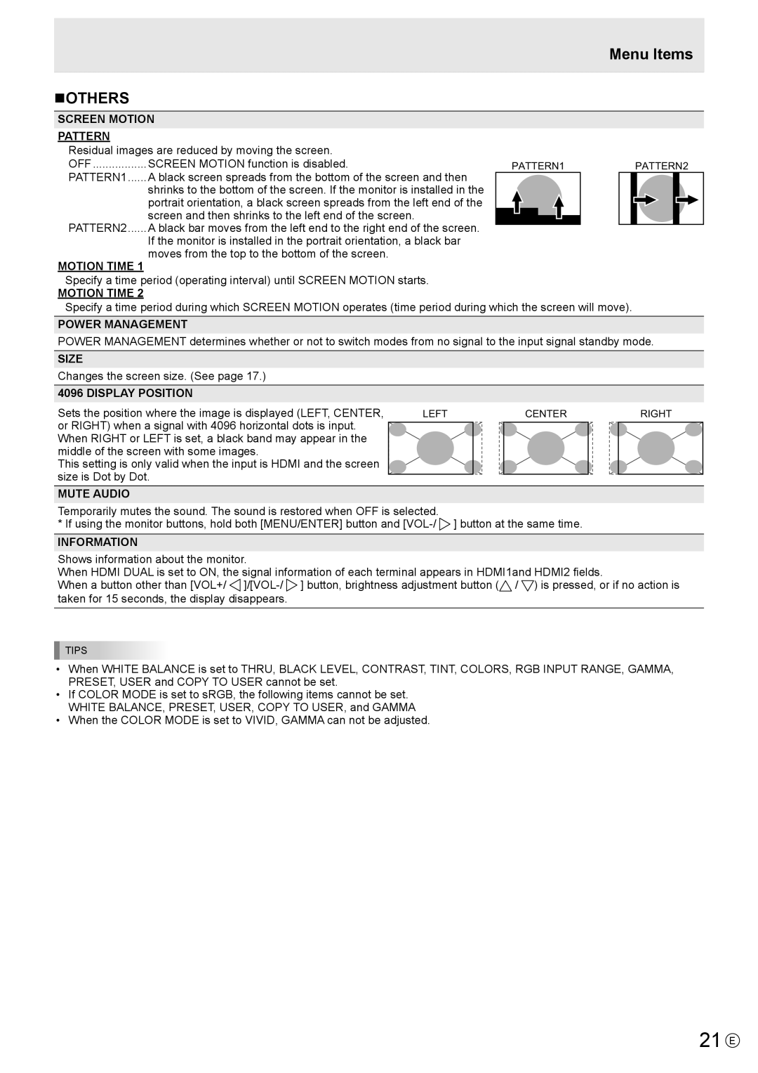 Sharp PN-K321 operation manual 21 E, Menu Items nOTHERS 