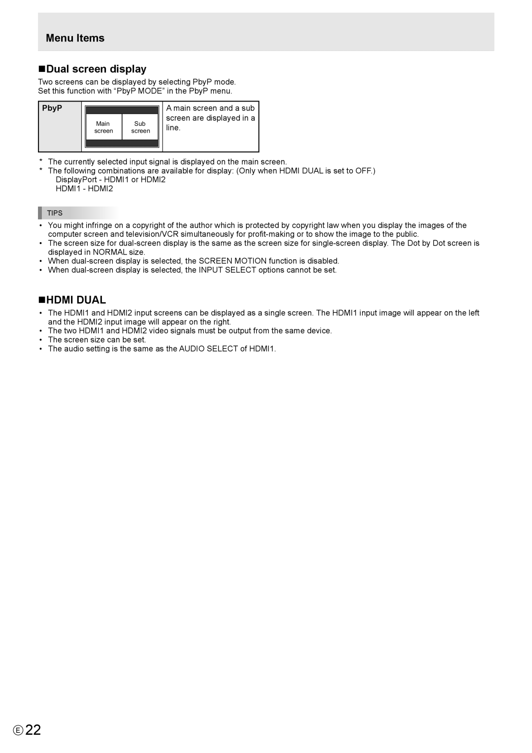 Sharp PN-K321 operation manual Menu Items nDual screen display, nHDMI DUAL, PbyP 