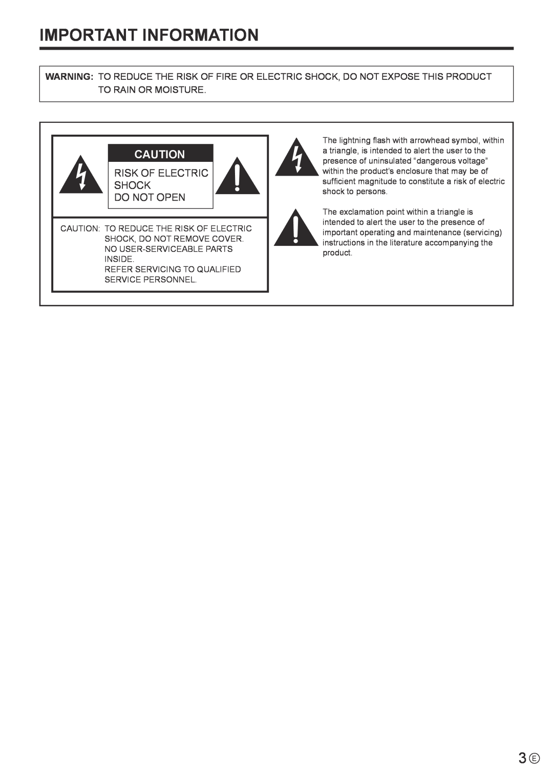 Sharp PN-K321 operation manual Important Information, Risk Of Electric Shock Do Not Open 