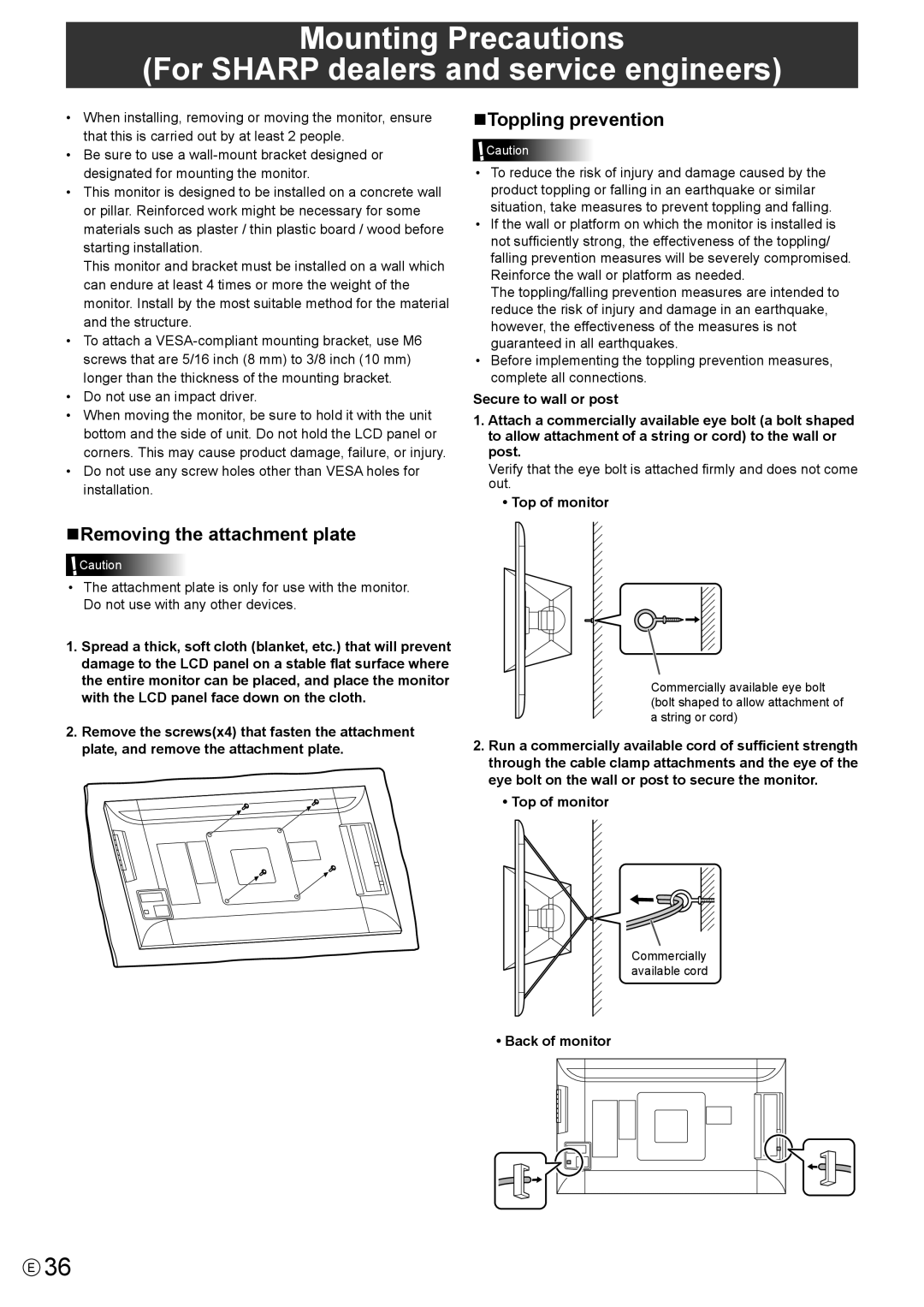 Sharp PN-K321 operation manual nToppling prevention, nRemoving the attachment plate 