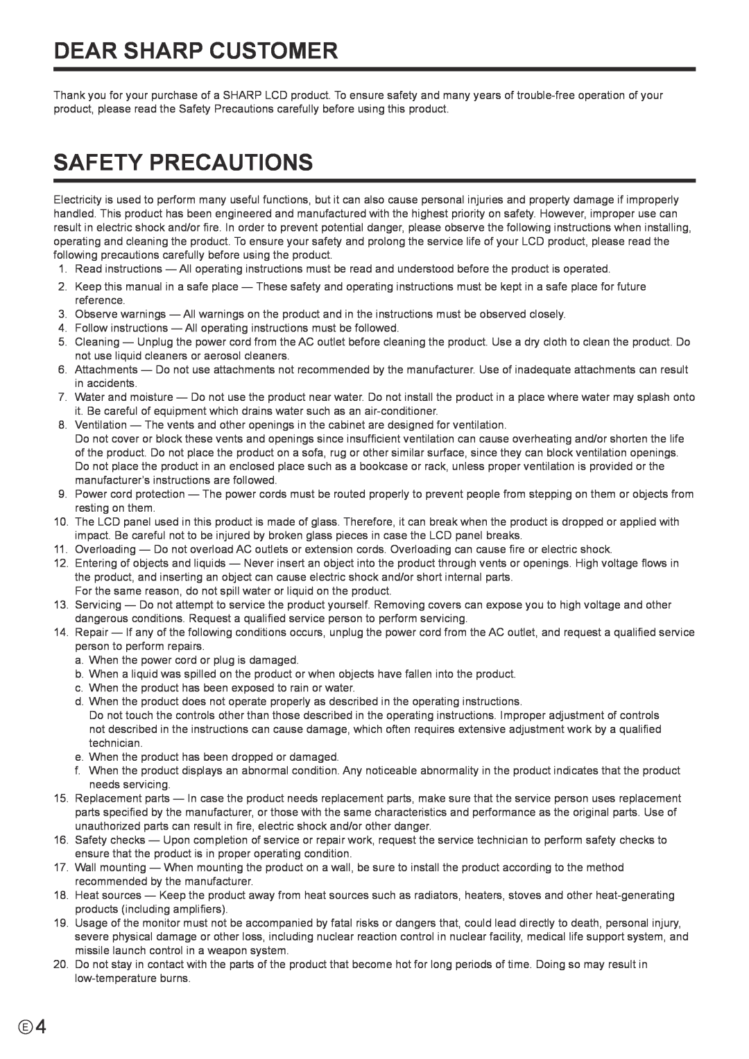 Sharp PN-K321 operation manual Dear Sharp Customer, Safety Precautions 