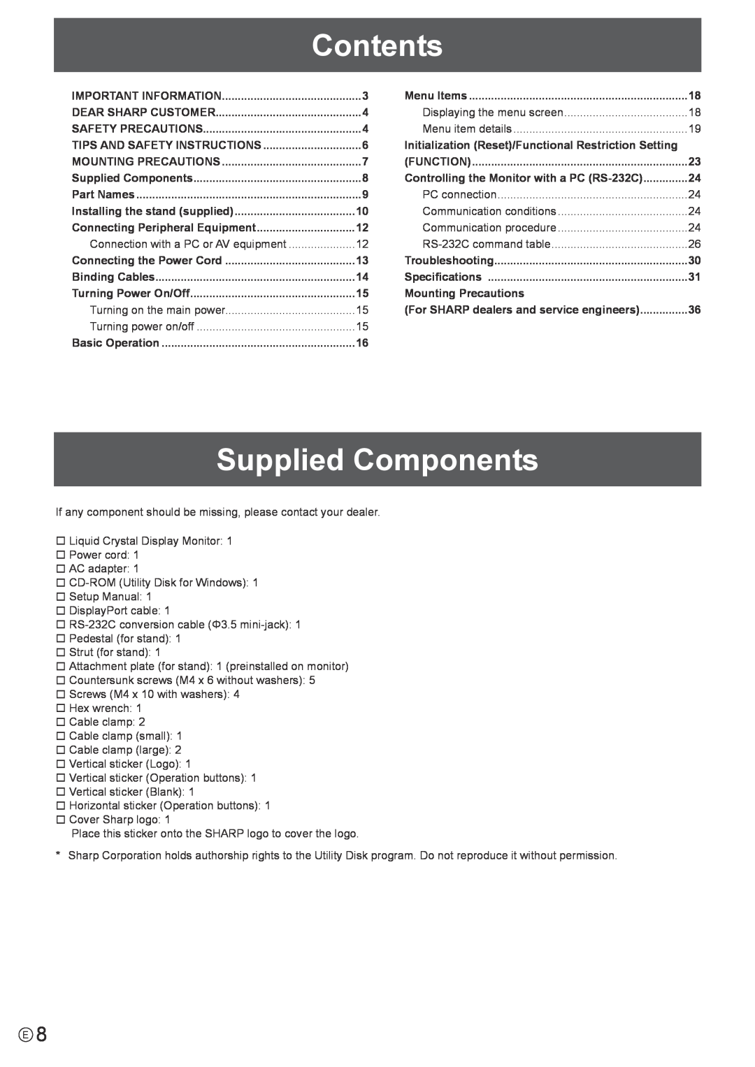 Sharp PN-K321 operation manual Contents, Supplied Components 