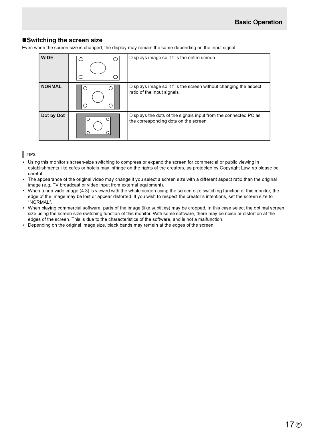 Sharp PN-K321H operation manual Basic Operation NSwitching the screen size, Wide Normal, Dot by Dot 