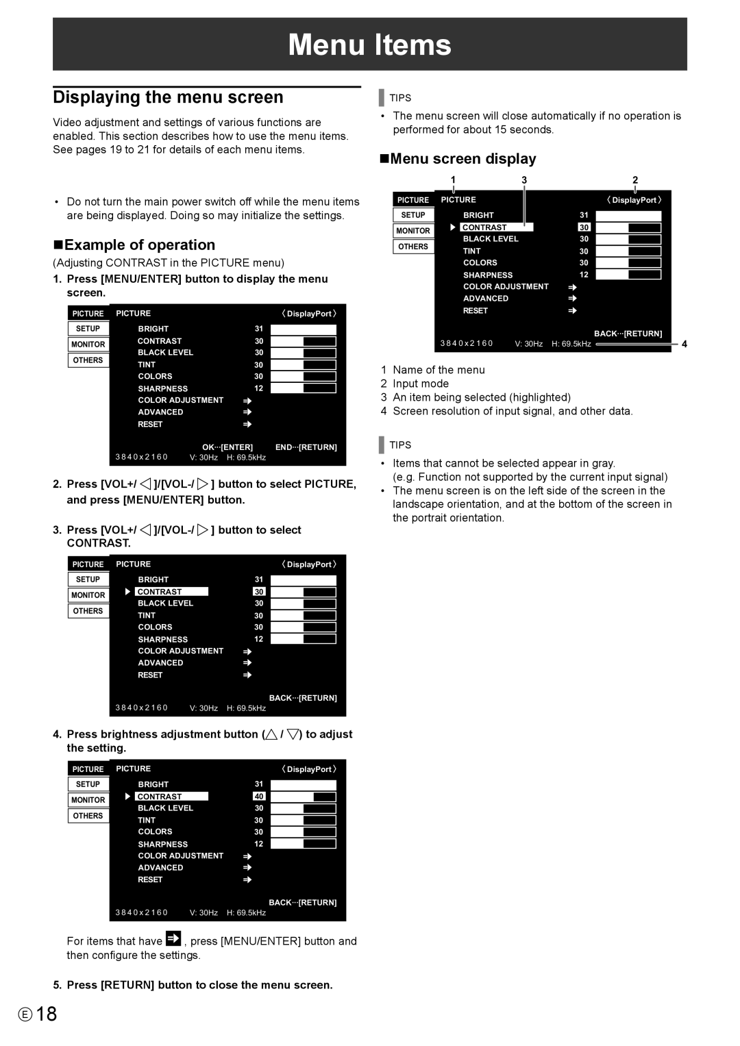 Sharp PN-K321H Menu Items, Displaying the menu screen, NExample of operation, NMenu screen display, Contrast 