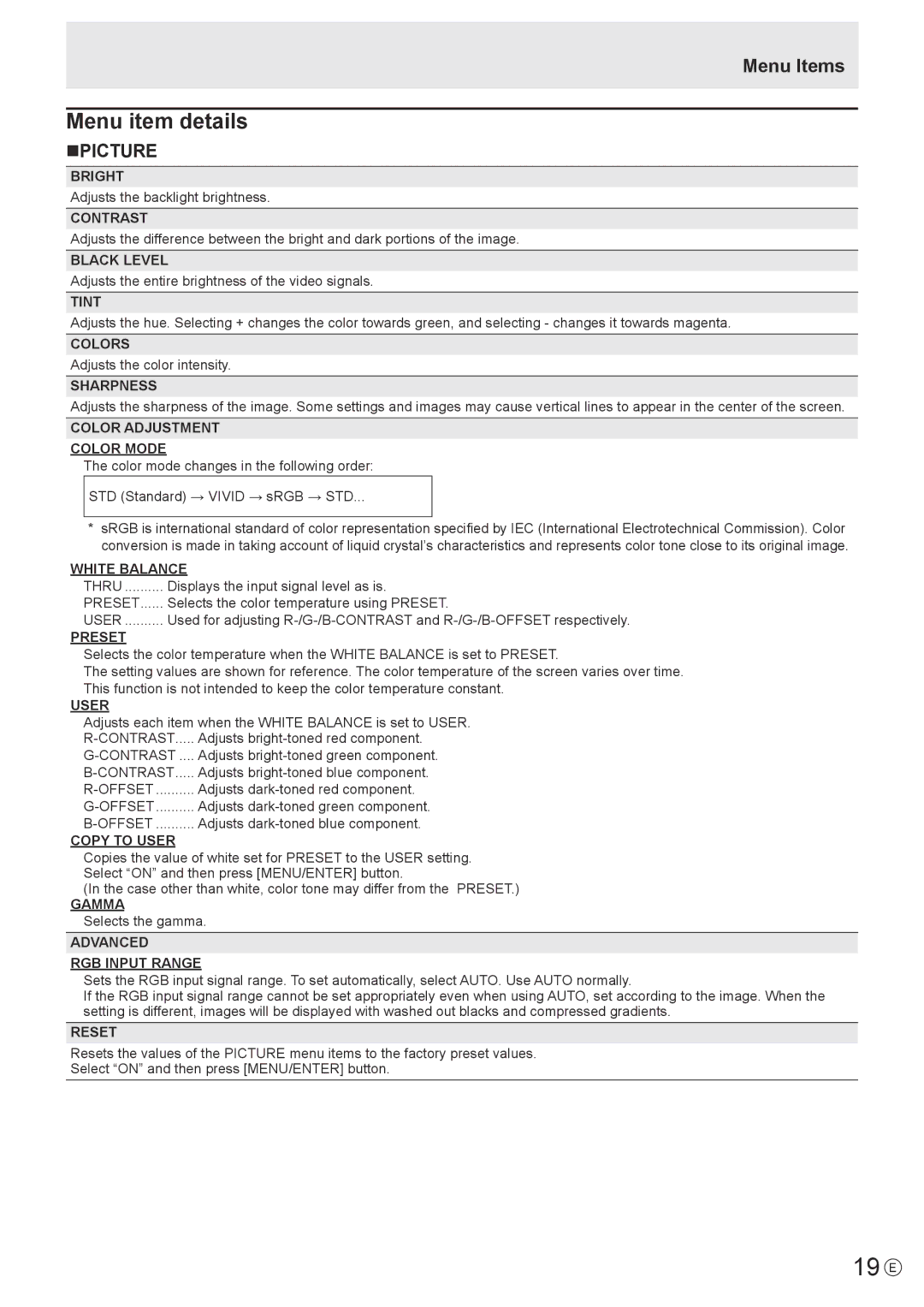 Sharp PN-K321H operation manual Menu item details, Menu Items, Npicture 