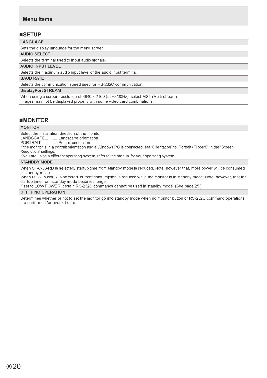 Sharp PN-K321H operation manual Menu Items NSETUP, Nmonitor 