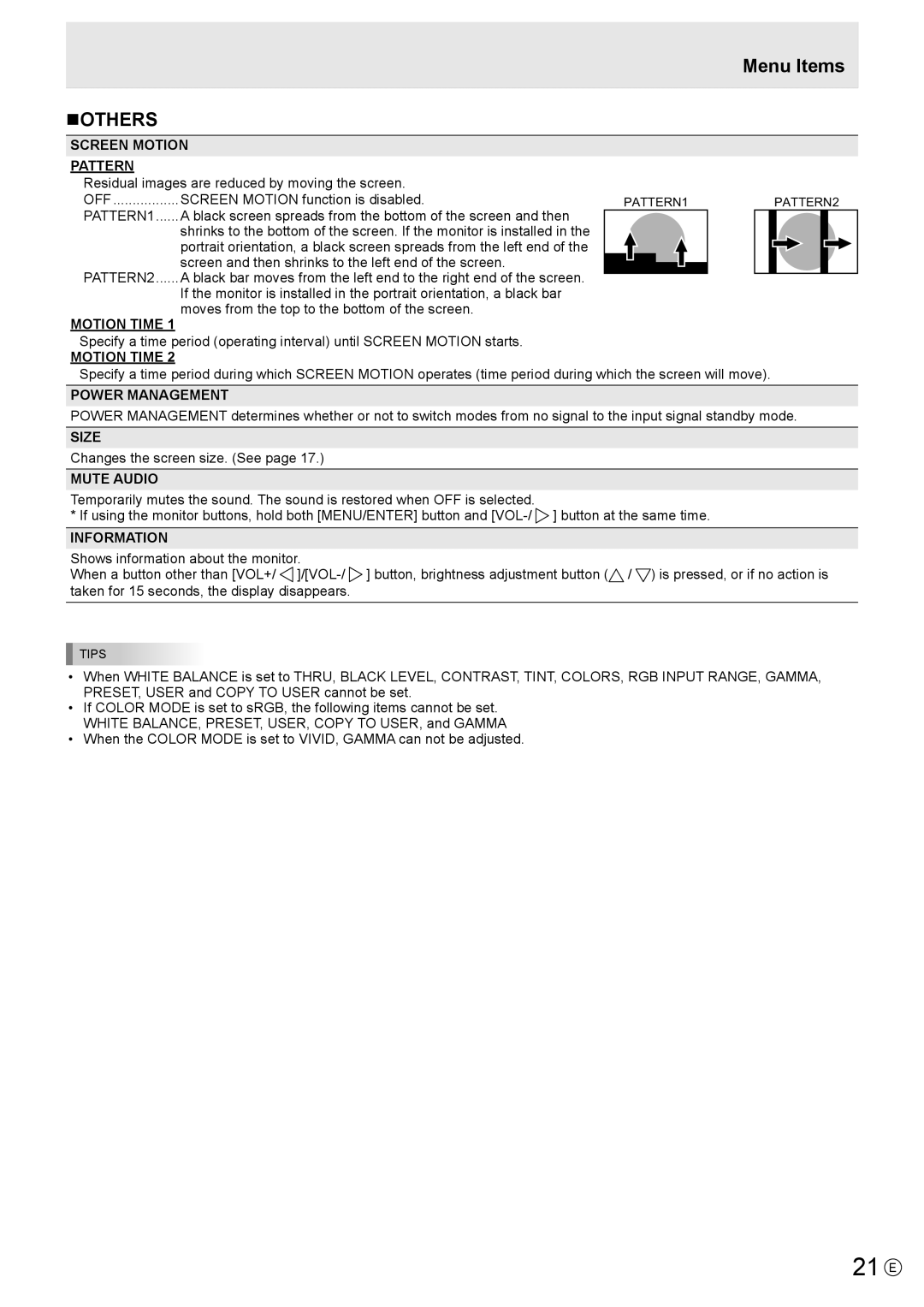 Sharp PN-K321H operation manual Menu Items NOTHERS 