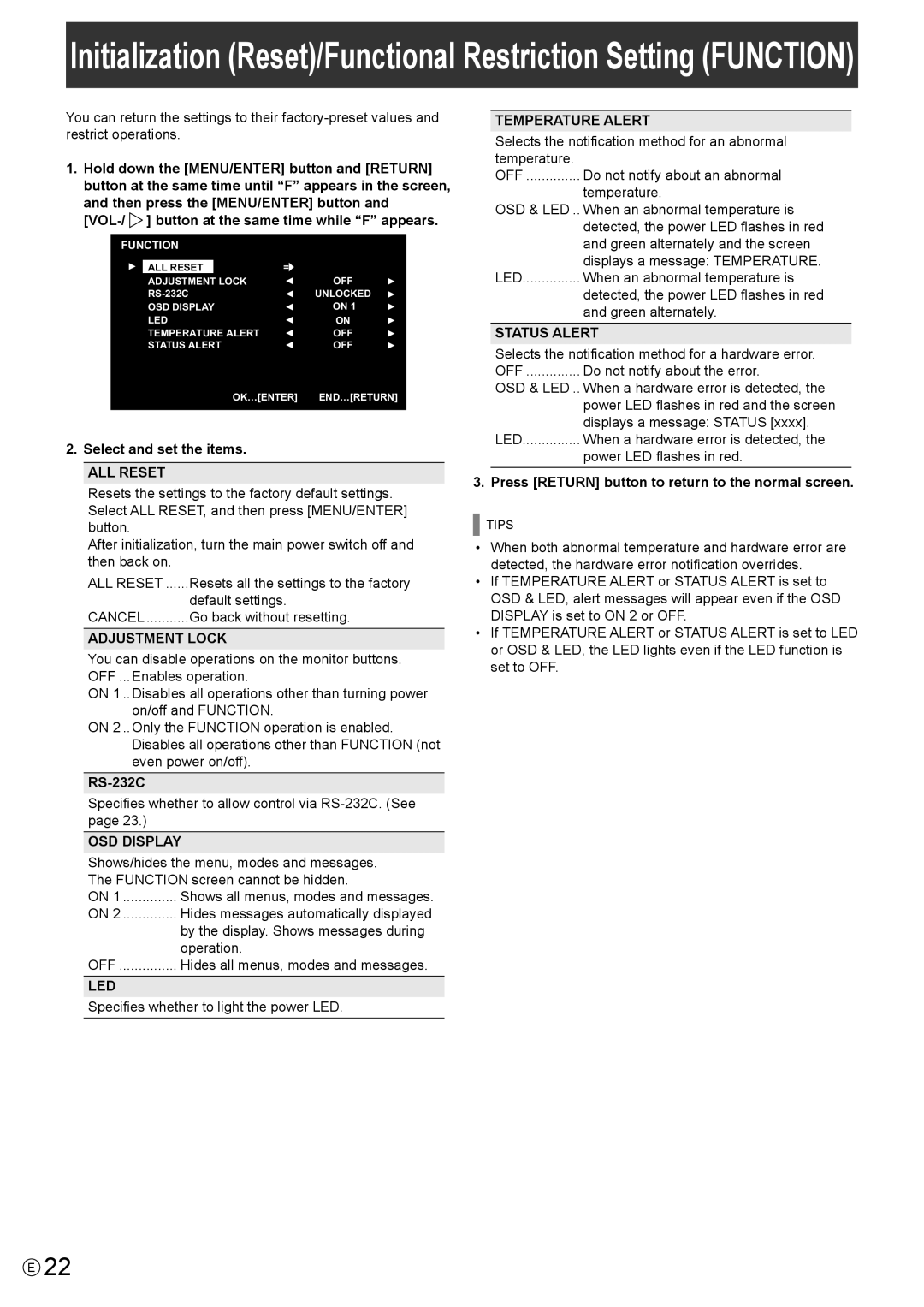 Sharp PN-K321H operation manual ALL Reset, Adjustment Lock, OSD Display, Led, Temperature Alert, Status Alert 