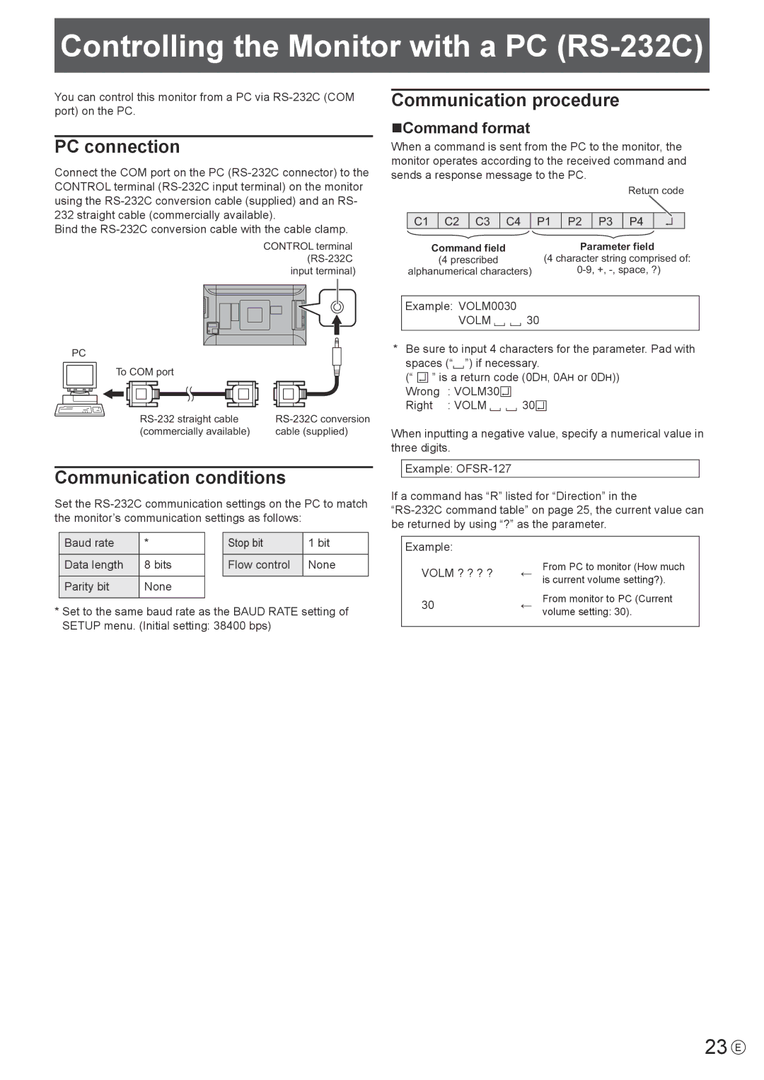 Sharp PN-K321H Controlling the Monitor with a PC RS-232C, Communication procedure PC connection, Communication conditions 