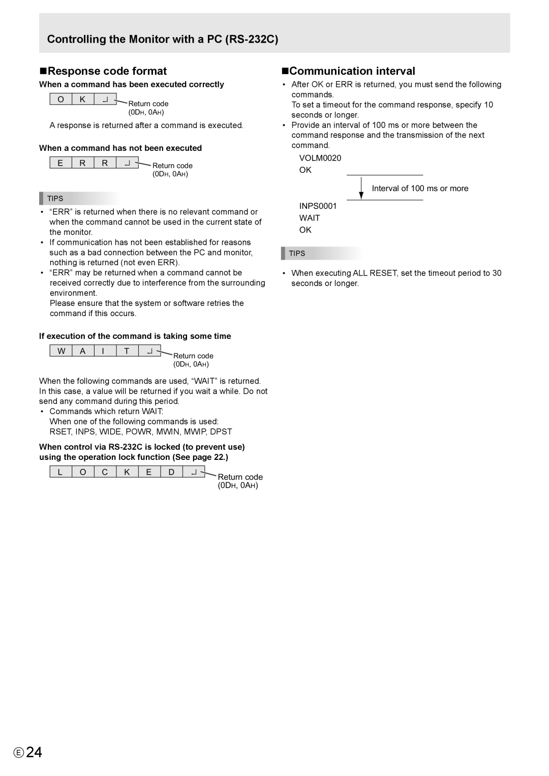 Sharp PN-K321H NCommunication interval, When a command has been executed correctly, When a command has not been executed 