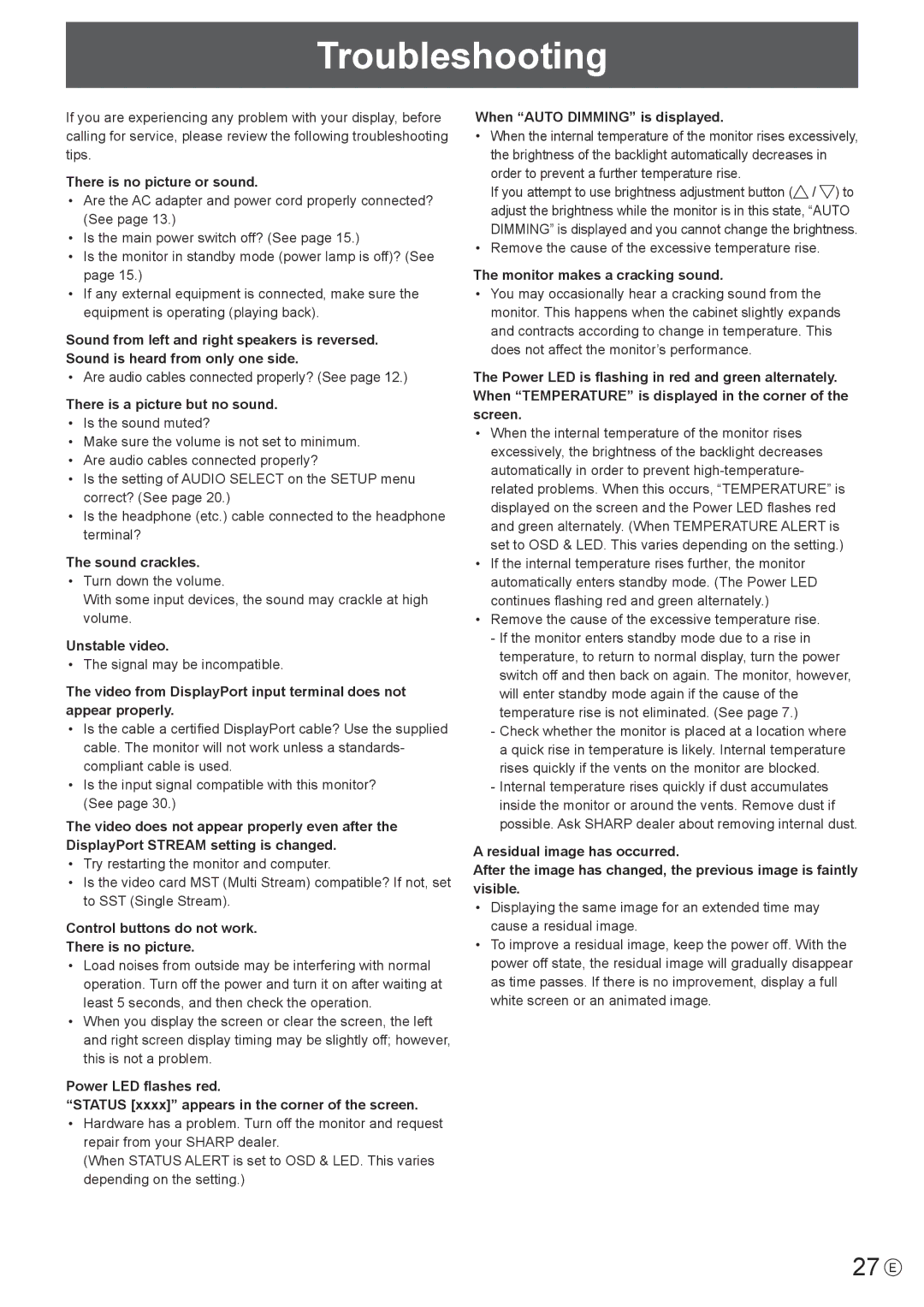 Sharp PN-K321H operation manual Troubleshooting 