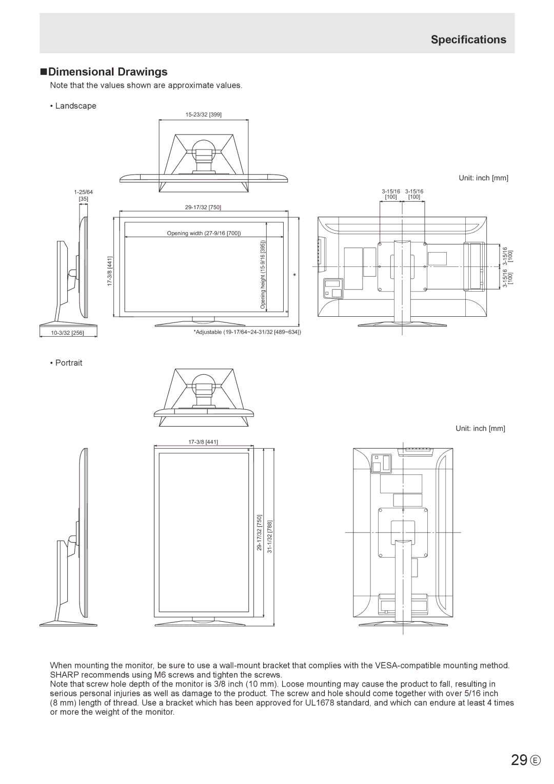 Sharp PN-K321H operation manual Specifications NDimensional Drawings, Unit inch mm 