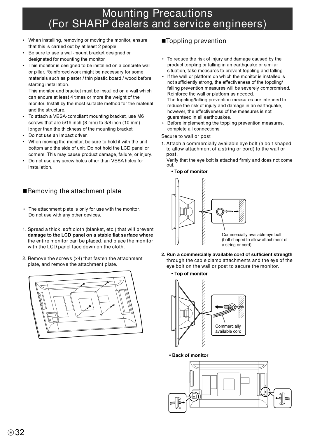 Sharp PN-K321H operation manual NToppling prevention, NRemoving the attachment plate, Top of monitor, Back of monitor 