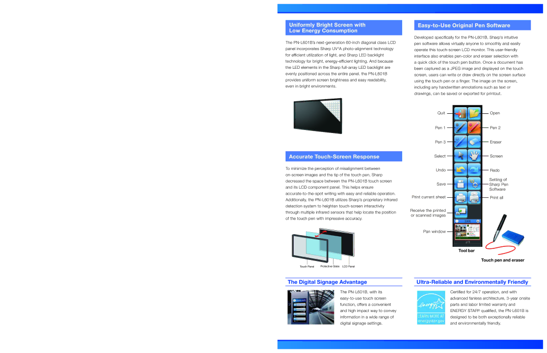 Sharp PN-L601B, PN-ZB01, SIICA10260 Uniformly Bright Screen with Low Energy Consumption, Easy-to-Use Original Pen Software 