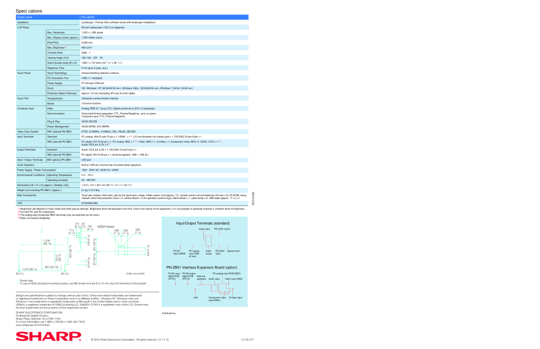 Sharp PN-ZB01, PN-L601B, SIICA10260 manual Speciﬁcations 