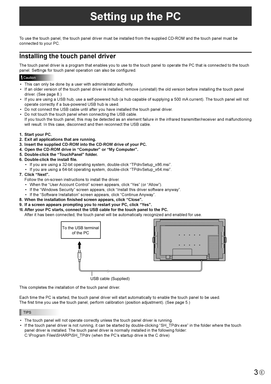 Sharp PN-L601B operation manual Setting up the PC, Installing the touch panel driver 