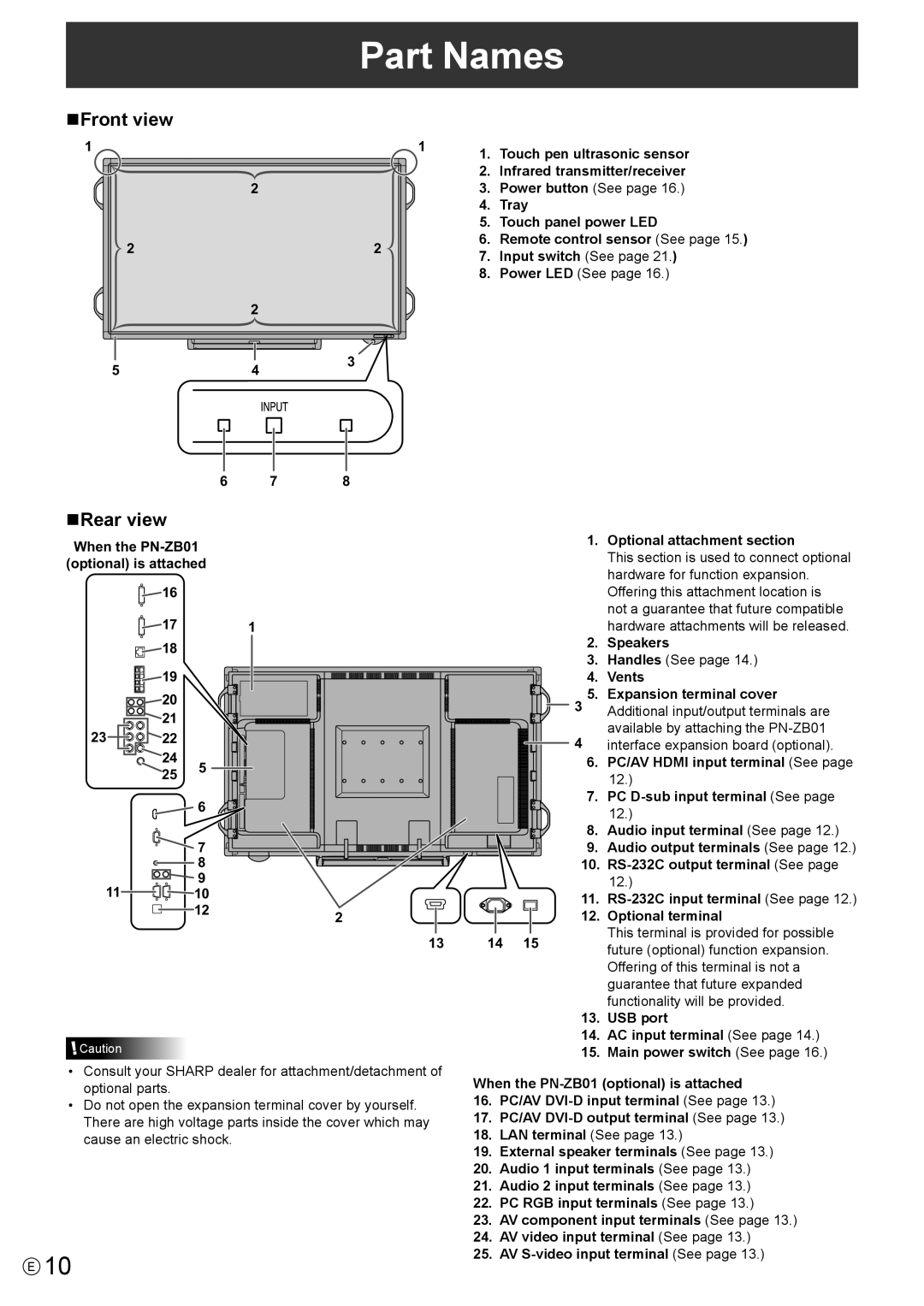 Sharp PN-L702B, PNL702BPKG2A operation manual Part Names, NFront view, NRear view 