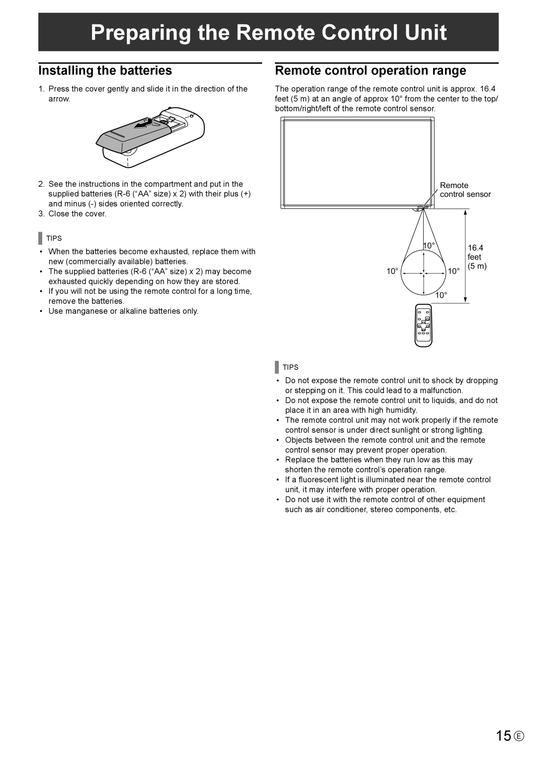 Sharp PN-L702B, PNL702B Preparing the Remote Control Unit, 15 E, Installing the batteries, Remote control operation range 