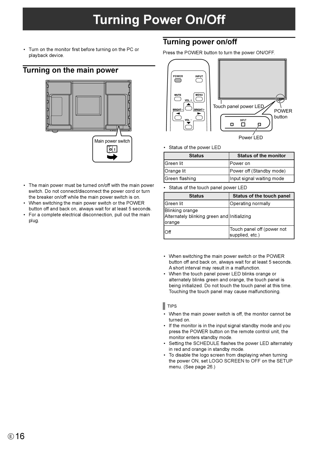 Sharp PNL702B Turning Power On/Off, Turning power on/off, Turning on the main power, Status Status of the monitor 