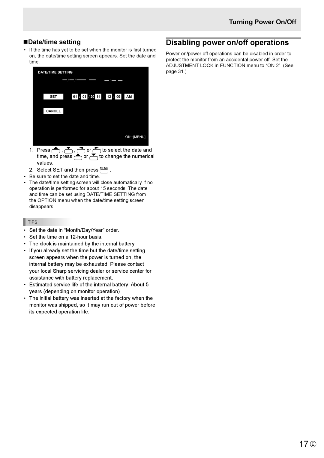 Sharp PNL702BPKG2A, PN-L702B 17 E, Disabling power on/off operations, NDate/time setting, Turning Power On/Off 