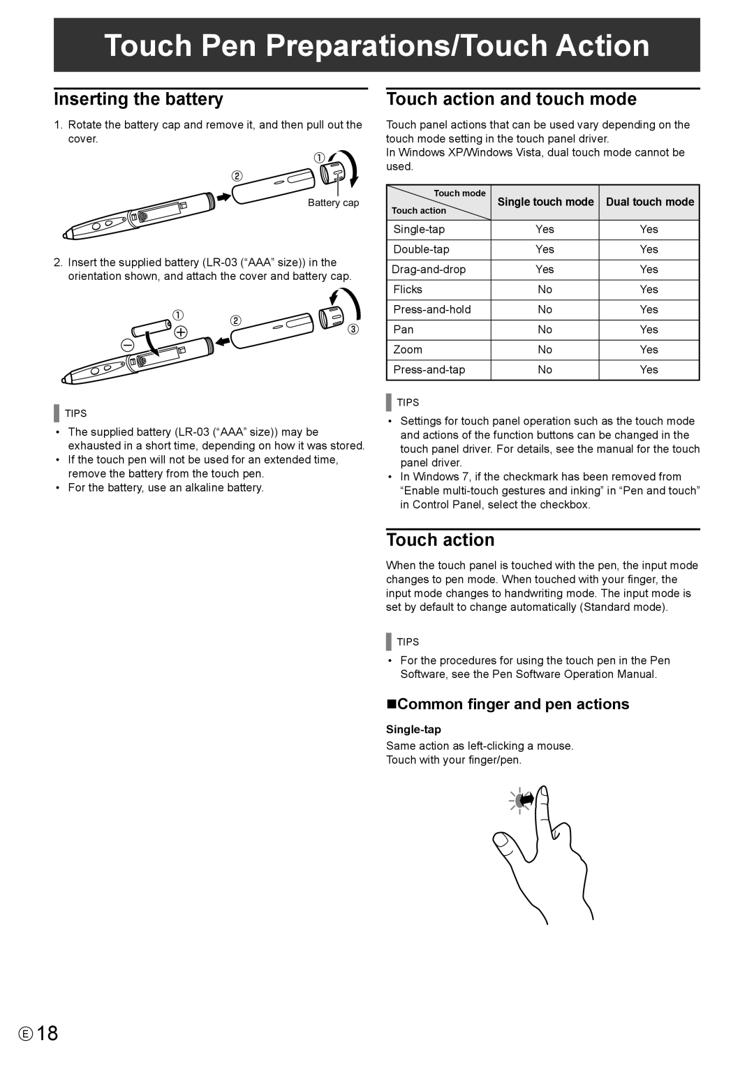 Sharp PN-L702B, PNL702B Touch Pen Preparations/Touch Action, Inserting the battery, Touch action and touch mode 